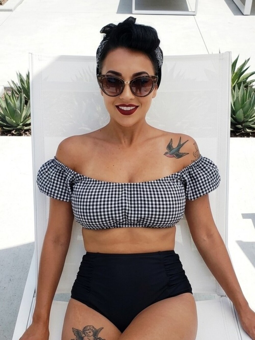 Nasty Gal Gingham Crinkle Bardot Bikini Top